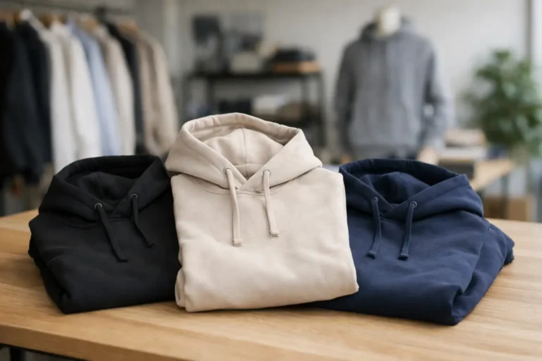 Selectie van premium hoodies in verschillende neutrale kleuren