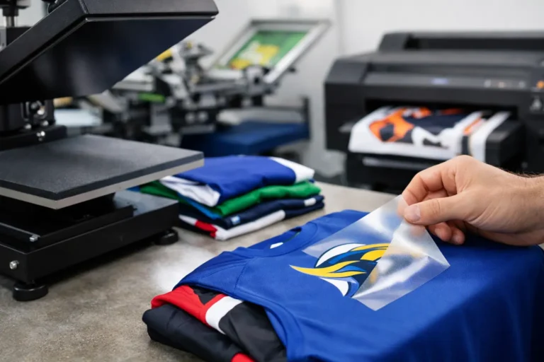 Printapparatuur en gekleurde sportkleding in een werkplaats