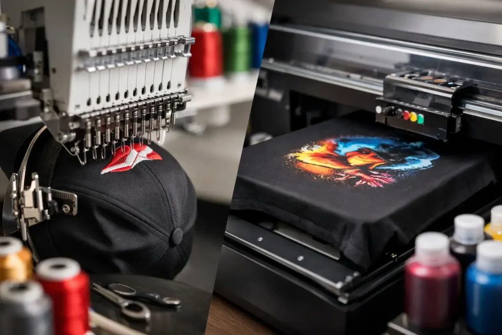 Vergelijking van borduurwerk en DTG-print op kleding