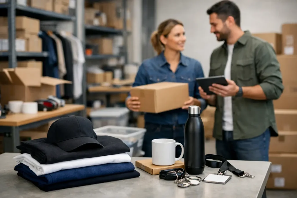 Medewerkers bespreken merchandise-orders in een fulfilmentomgeving