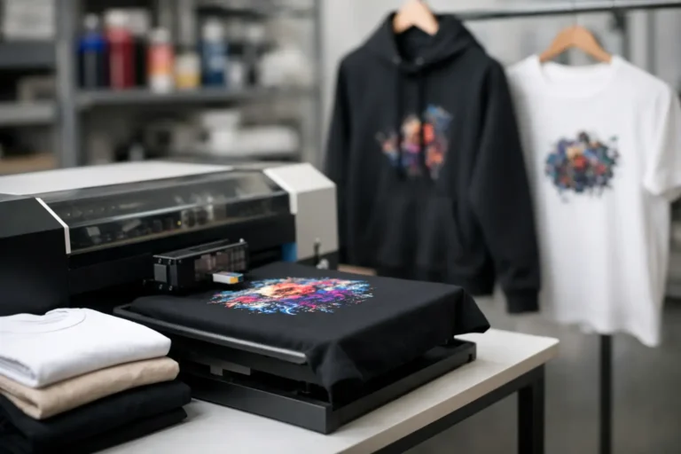 DTG-printer die een kleurrijk ontwerp op kleding print