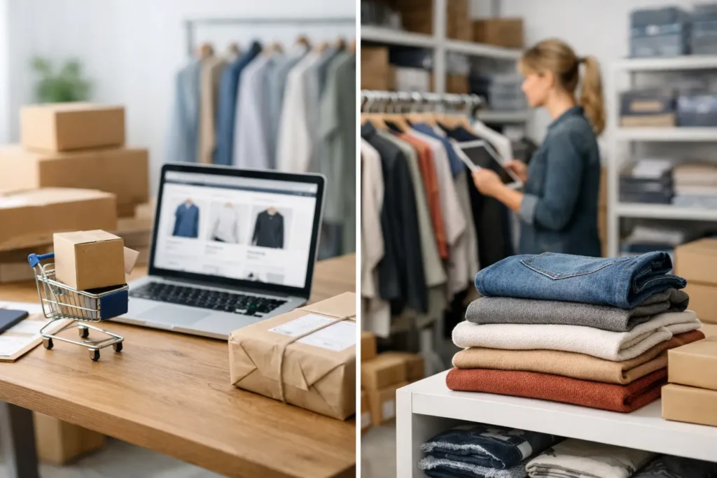 Kledingvoorraad en inpakstation voor dropshippingorders