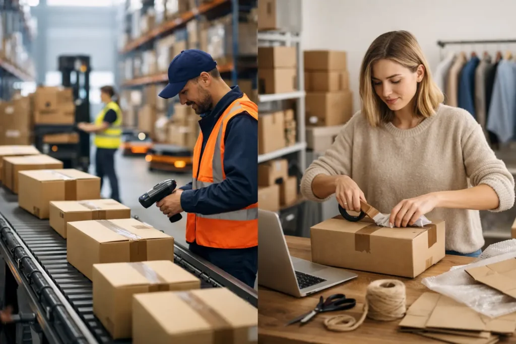 Medewerker die webshopbestellingen met kleding inpakt