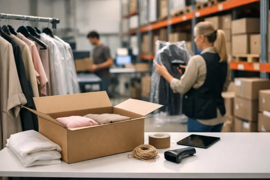 Medewerker verwerkt kledingorders tussen rekken in een magazijn
