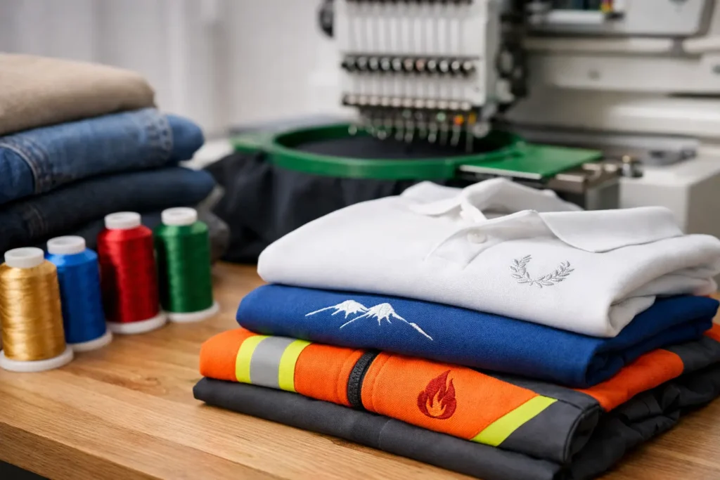 Borduurmachine met stapels gekleurde stoffen