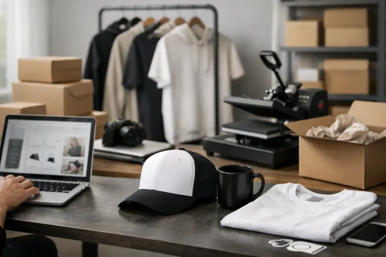 Medewerker verwerkt merchandise-orders bij kledingrekken en dozen