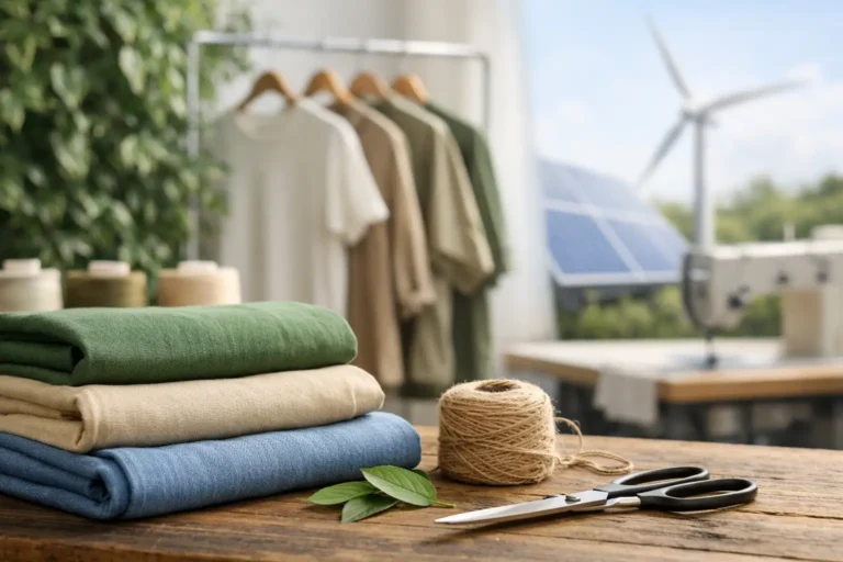 Kleding in neutrale kleuren op rekken in een lichte werkruimte