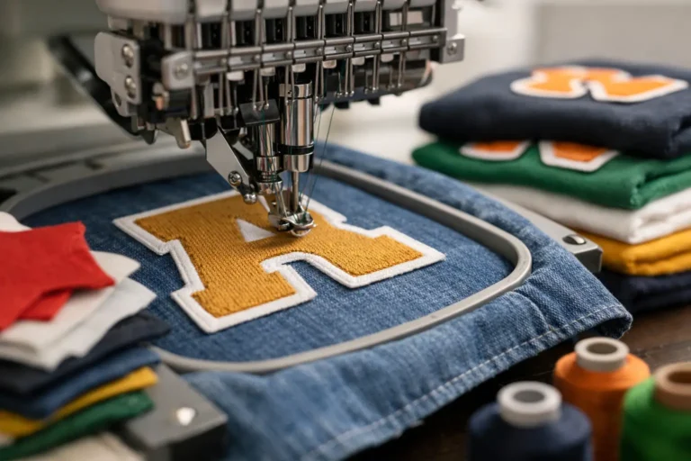 Borduurmachine bevestigt appliqué op textiel