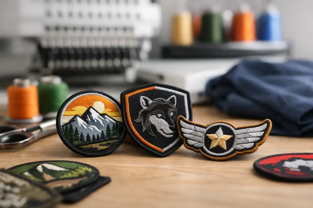 Borduurbadges en kleding bij een industriële borduurmachine