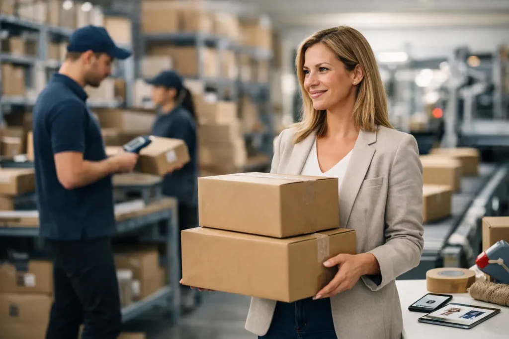 Medewerker in fulfilmentmagazijn met dozen en kleding