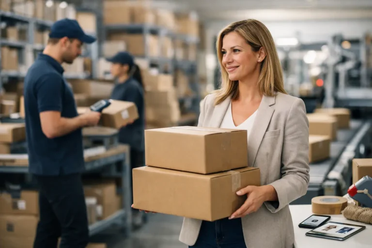 Medewerker in fulfilmentmagazijn met dozen en kleding