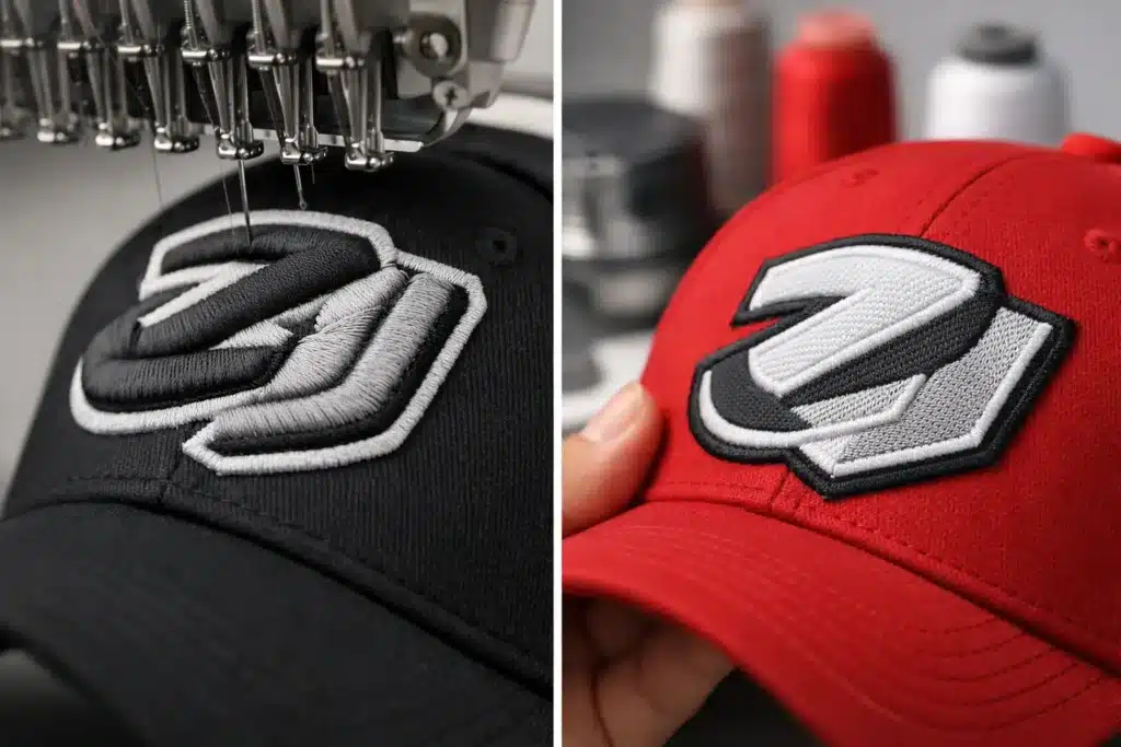 Voorbeelden van 3D-borduurwerk en appliqué op textiel