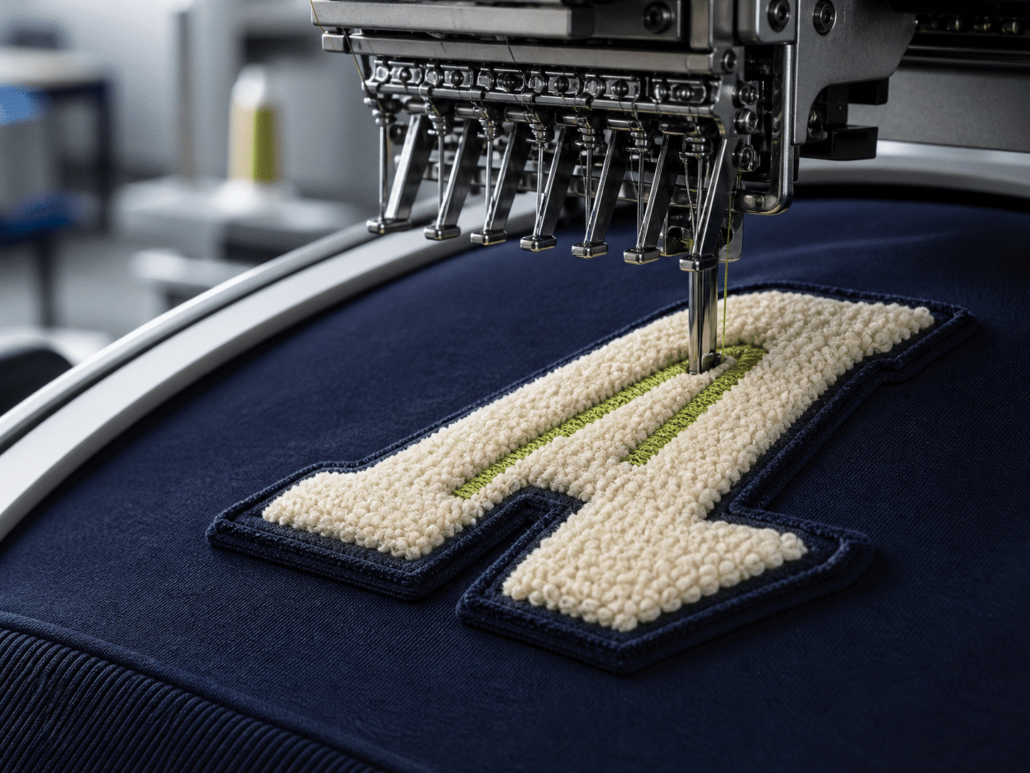 Chenille borduren met zachte crèmekleurige lusstructuur en groene contour op marine textiel bij AJDN