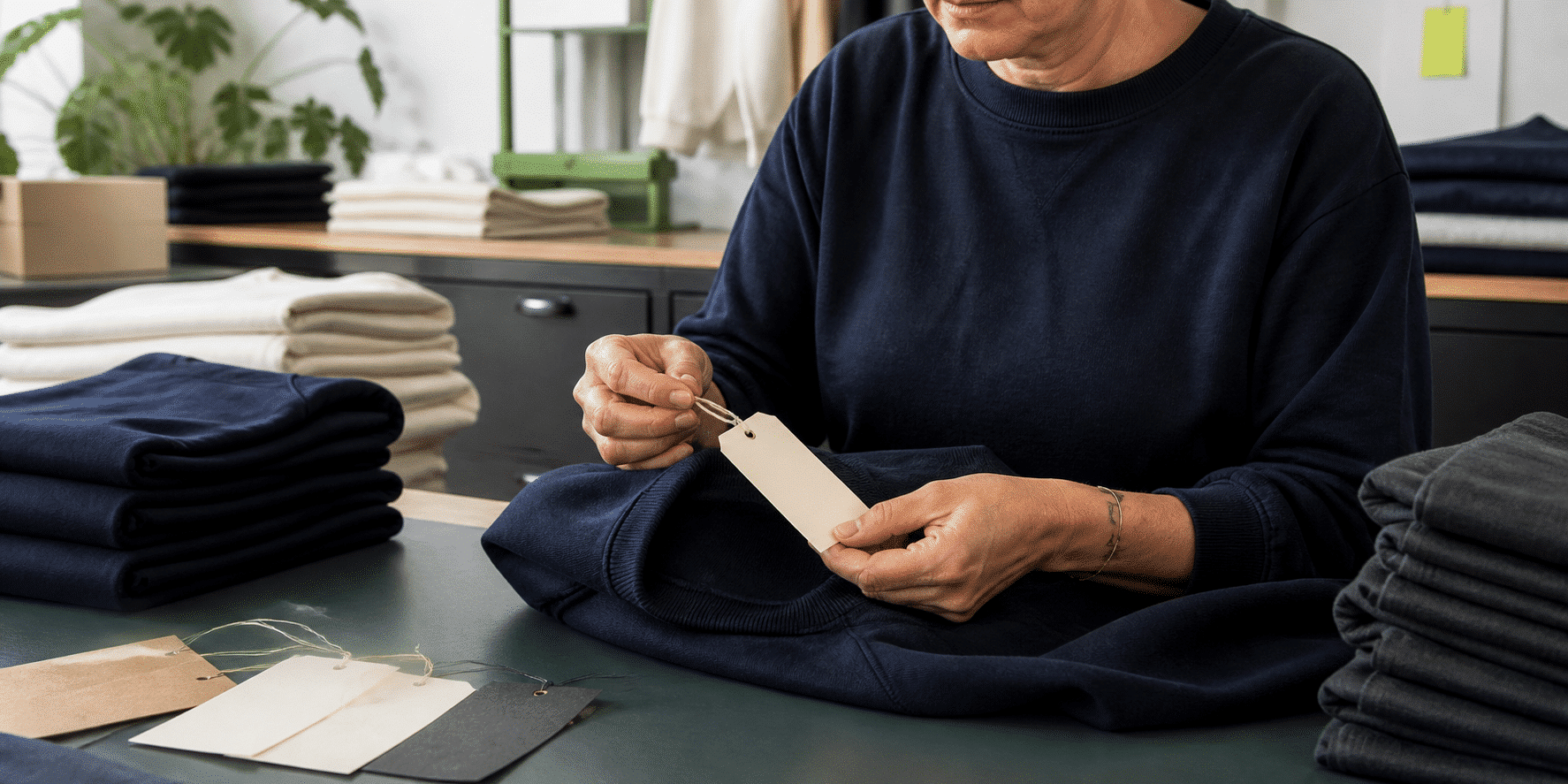 Medewerker bevestigt hangtags op maat aan kleding voor merken bij AJDN