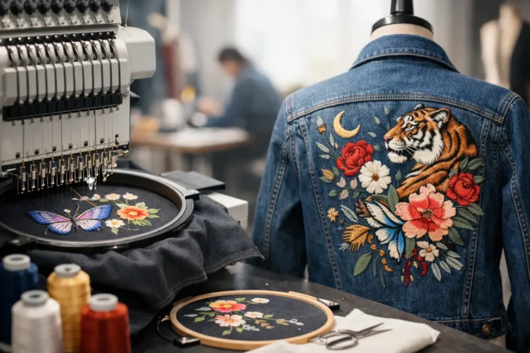 Industriële borduurmachine die een ontwerp op kleding aanbrengt