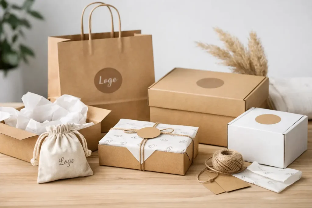 Kartonnen verzenddoos met verpakte kleding en branded packaging