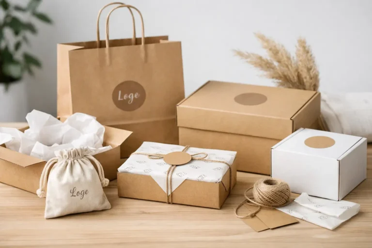 Kartonnen verzenddoos met verpakte kleding en branded packaging