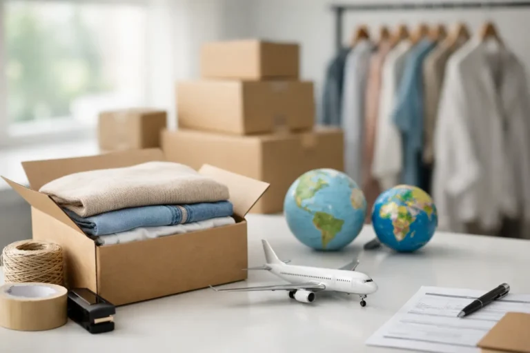 Verzenddozen, kleding en wereldbol voor internationale levering