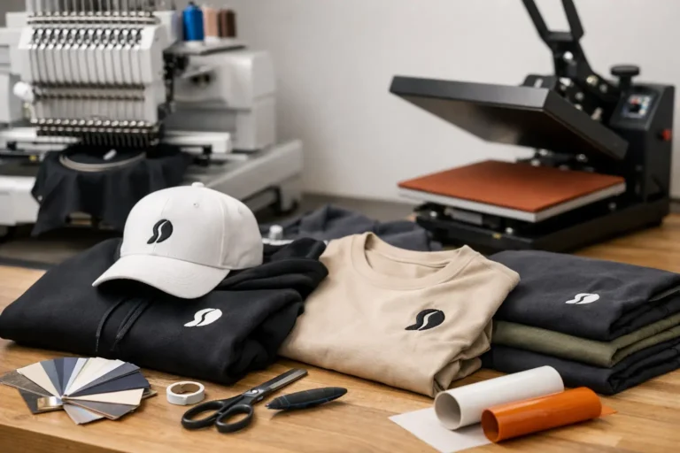 Medewerker die kleding personaliseert in een textielwerkplaats