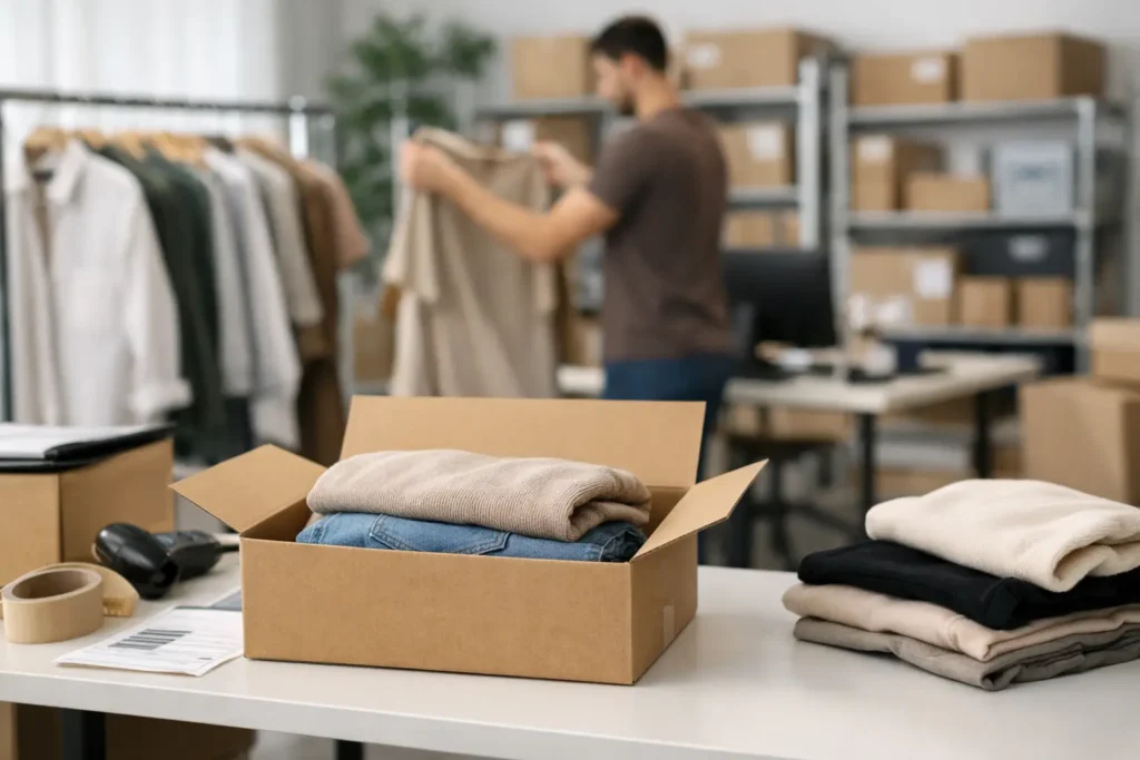 Medewerker die geretourneerde kleding controleert