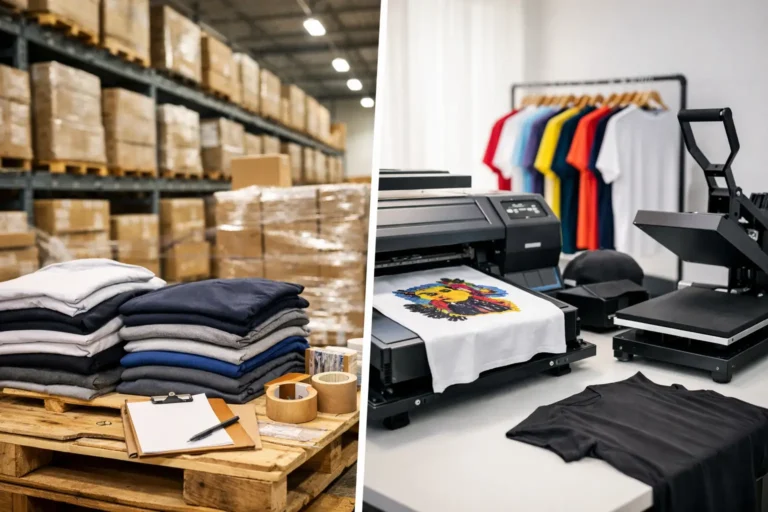 Inpak- en productieomgeving met kleding en verzendmaterialen